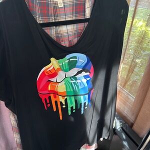 Black T-Shirt with Rainbow Lips Graphic